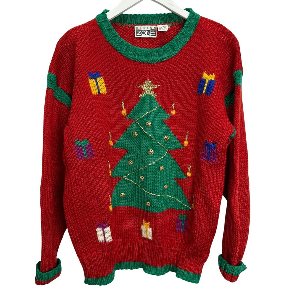 Vintage Design Zone Ugly Christmas Sweater Size L Red Green Tree Embellished